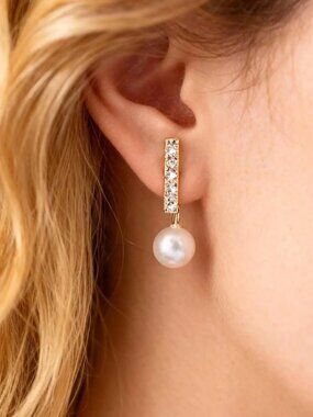 Anthropologie Gold Tone Pearl Drop Earrings with Clear Stones